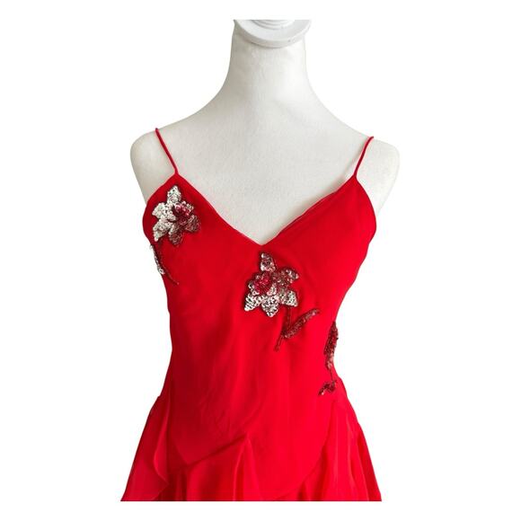 VTG Y2K Red Silk Sequin Midi Cocktail Dress Gown Fairy Ruffle XS Ethereal Prom - Picture 3 of 12